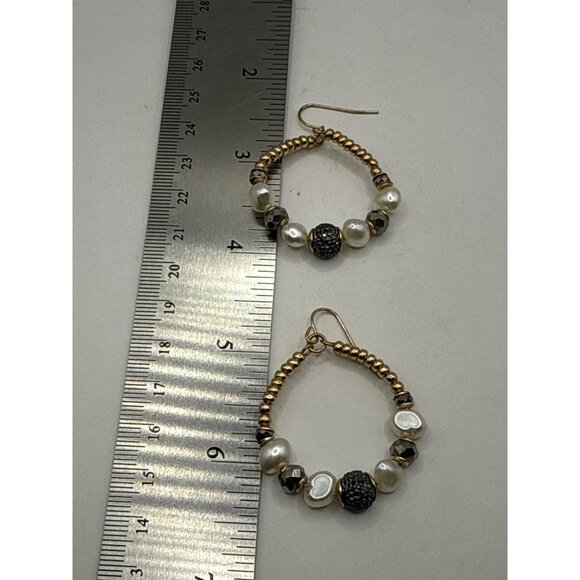 Gold & Pearl Bead Hoop Dangle Drop Earrings With Black Textured Accents - Picture 6 of 6